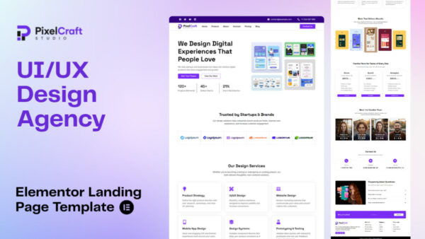 pixelcraft ui ux agency elementor template PixelCraft - UI/UX Design Agency Landing Page (Elementor Template)